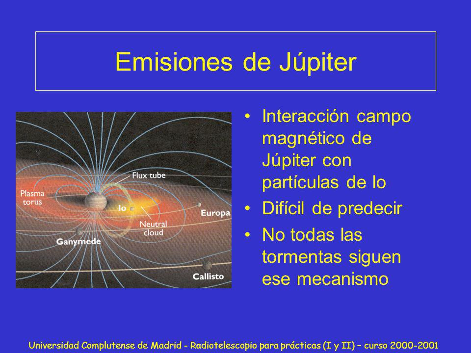 Emisiones de Júpiter Interacción campo magnético de Júpiter con partículas de Io. Difícil de predecir.