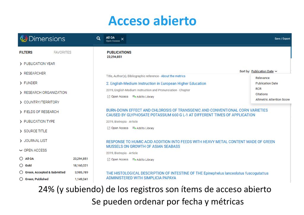 Acceso abierto 24% (y subiendo) de los registros son ítems de acceso abierto.