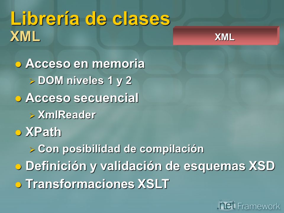 Librería de clases XML Acceso en memoria Acceso secuencial XPath