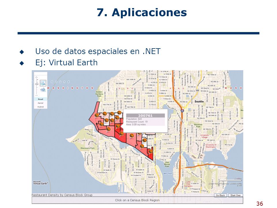 7. Aplicaciones Uso de datos espaciales en .NET Ej: Virtual Earth