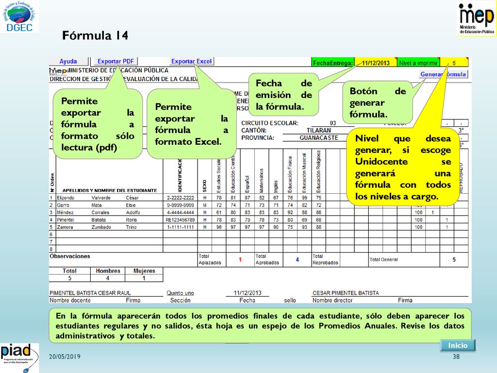 Fórmula 14 Fecha de emisión de la fórmula. Botón de generar fórmula.