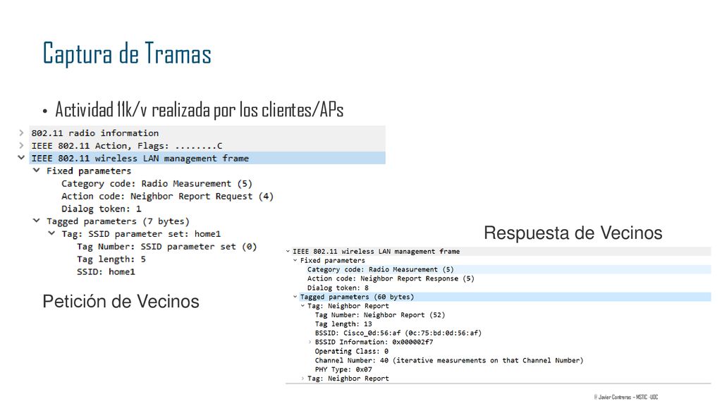 Captura de Tramas Actividad 11k/v realizada por los clientes/APs