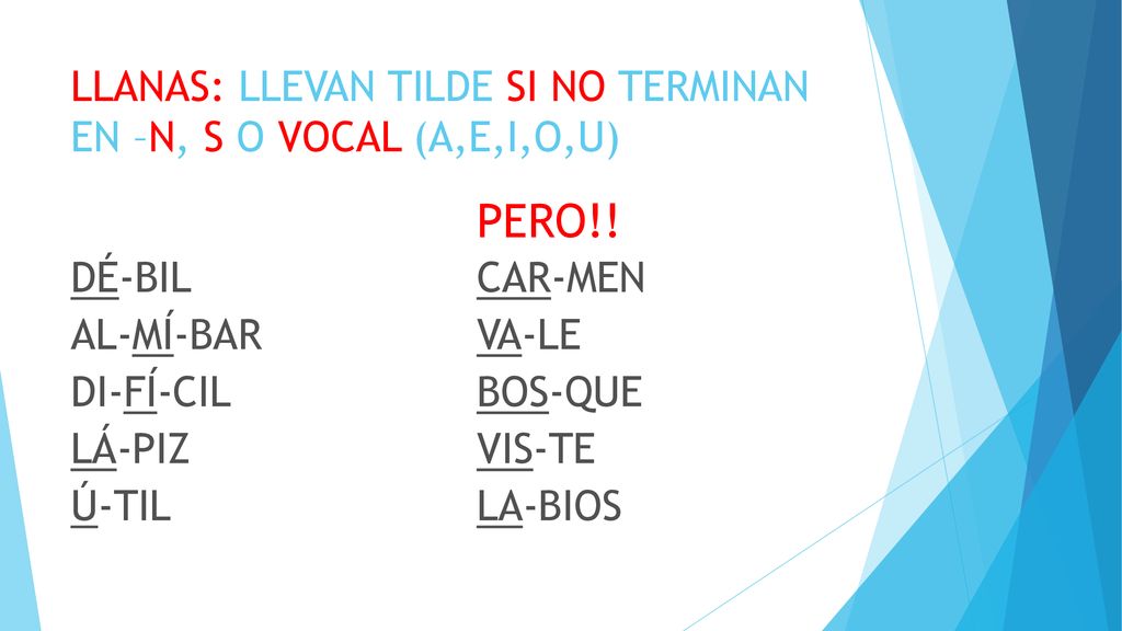 LLANAS: LLEVAN TILDE SI NO TERMINAN EN –N, S O VOCAL (A,E,I,O,U)