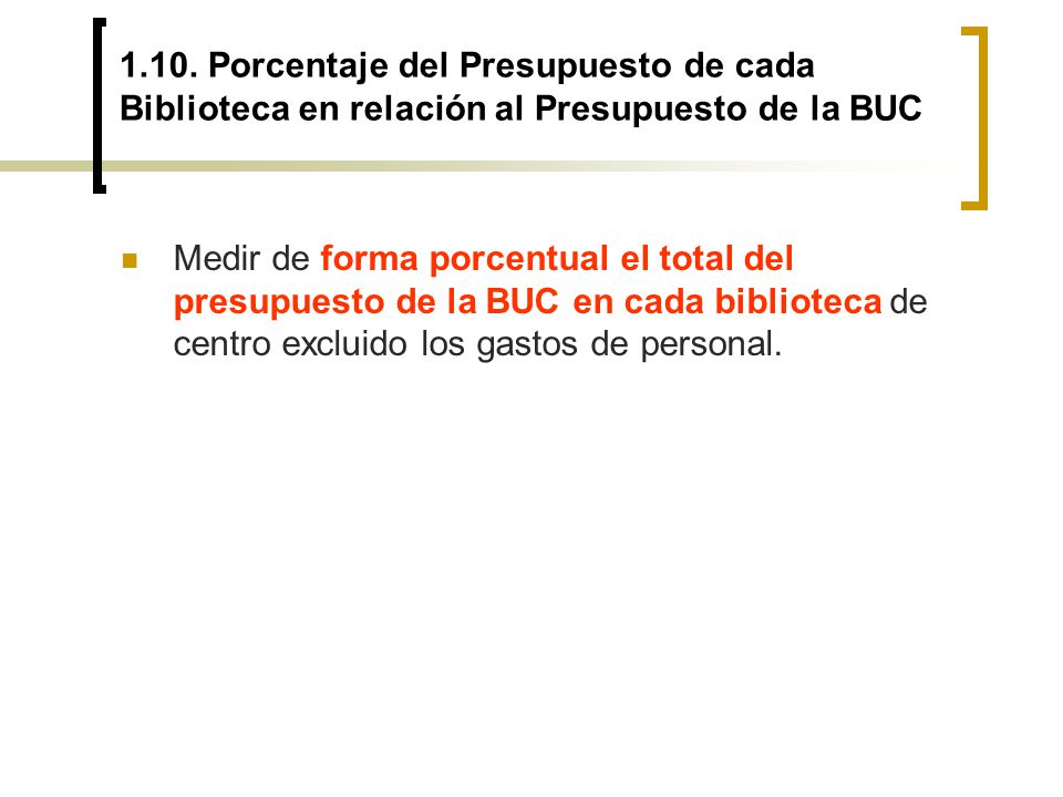 1.10. Porcentaje del Presupuesto de cada Biblioteca en relación al Presupuesto de la BUC