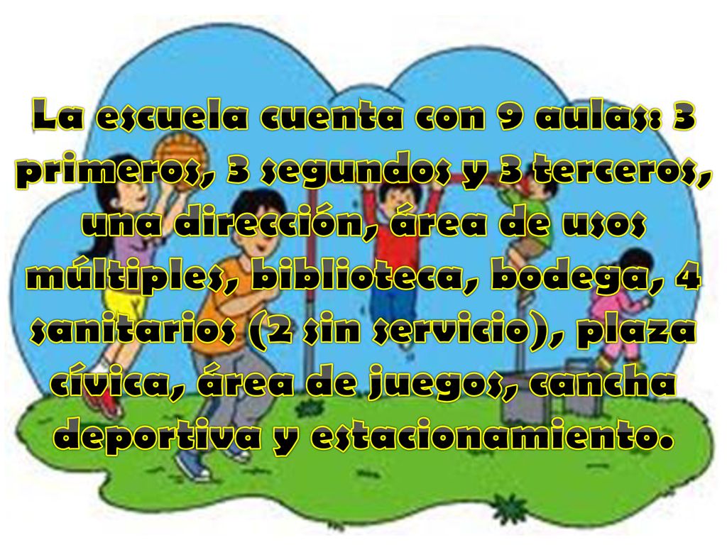 La escuela cuenta con 9 aulas: 3 primeros, 3 segundos y 3 terceros, una dirección, área de usos múltiples, biblioteca, bodega, 4 sanitarios (2 sin servicio), plaza cívica, área de juegos, cancha deportiva y estacionamiento.