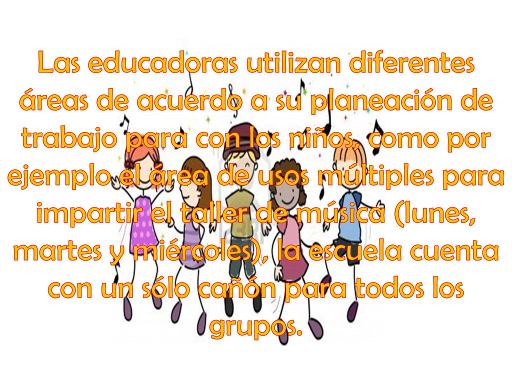 Las educadoras utilizan diferentes áreas de acuerdo a su planeación de trabajo para con los niños, como por ejemplo el área de usos múltiples para impartir el taller de música (lunes, martes y miércoles), la escuela cuenta con un sólo cañón para todos los grupos.