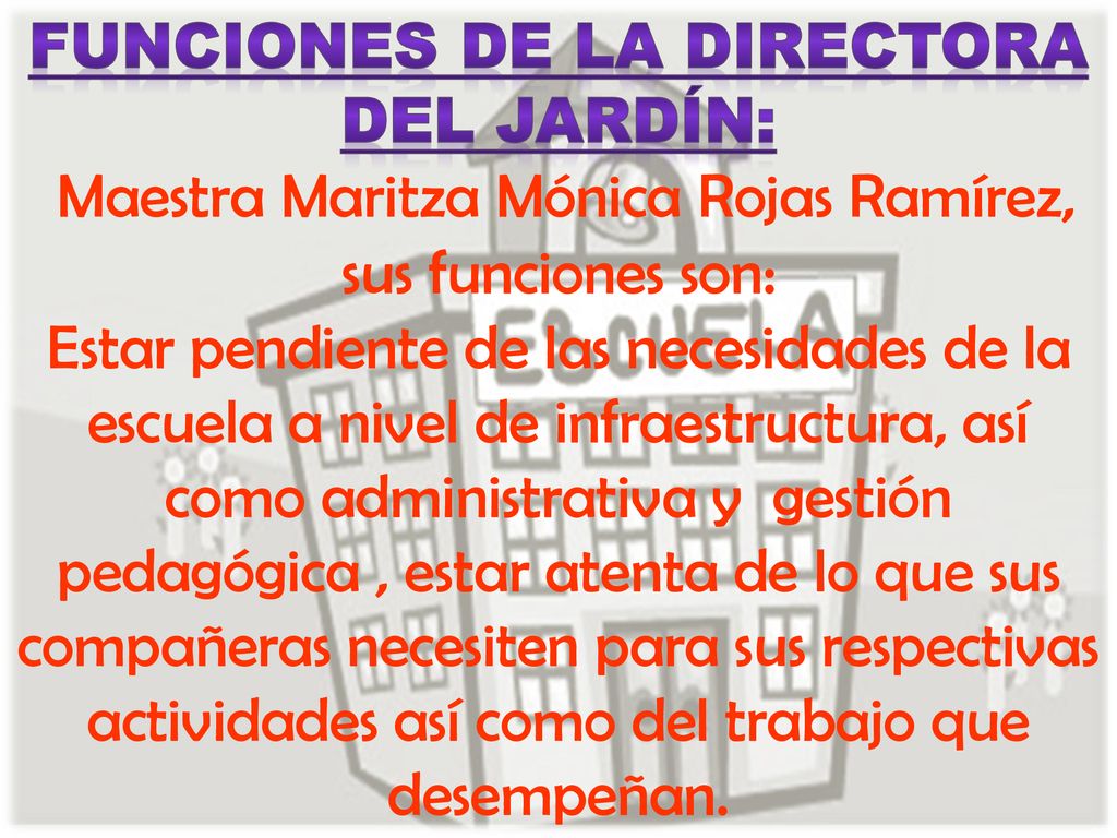 FUNCIONES DE LA DIRECTORA DEL JARDÍN: Maestra Maritza Mónica Rojas Ramírez, sus funciones son: Estar pendiente de las necesidades de la escuela a nivel de infraestructura, así como administrativa y gestión pedagógica , estar atenta de lo que sus compañeras necesiten para sus respectivas actividades así como del trabajo que desempeñan.