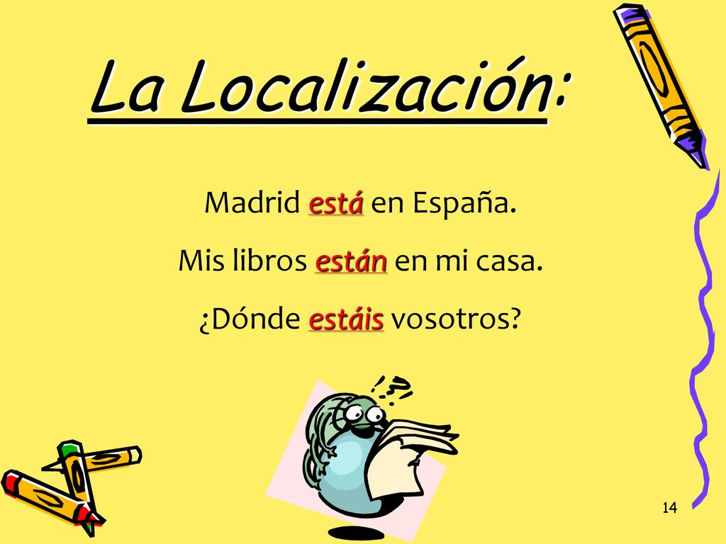 La Localización: Madrid está en España. Mis libros están en mi casa.