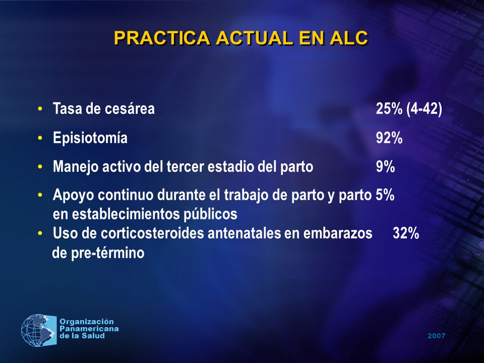 PRACTICA ACTUAL EN ALC Tasa de cesárea 25% (4-42) Episiotomía 92%