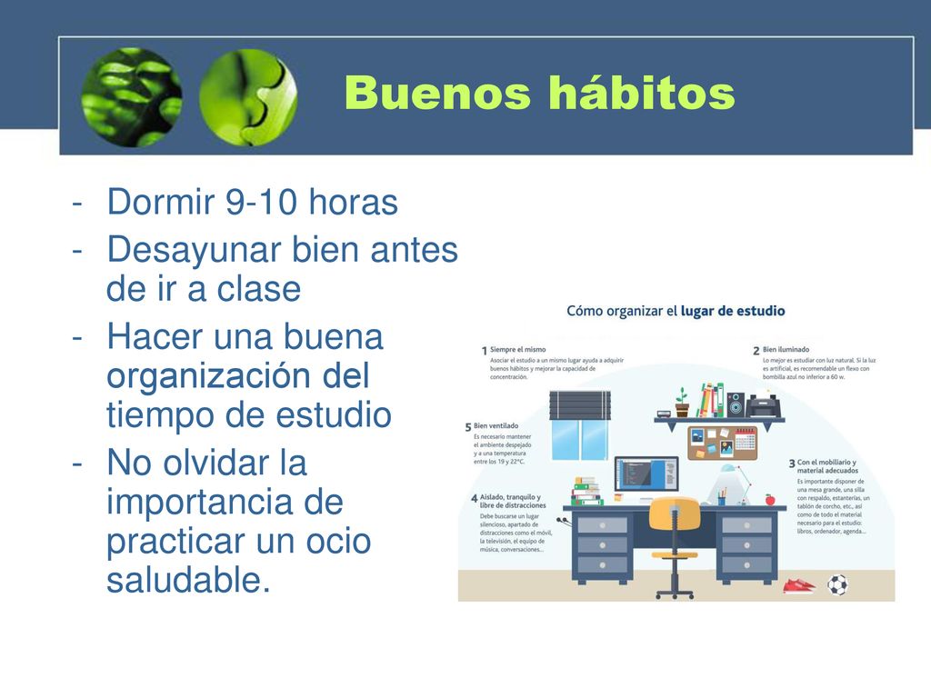 Buenos hábitos Dormir 9-10 horas Desayunar bien antes de ir a clase