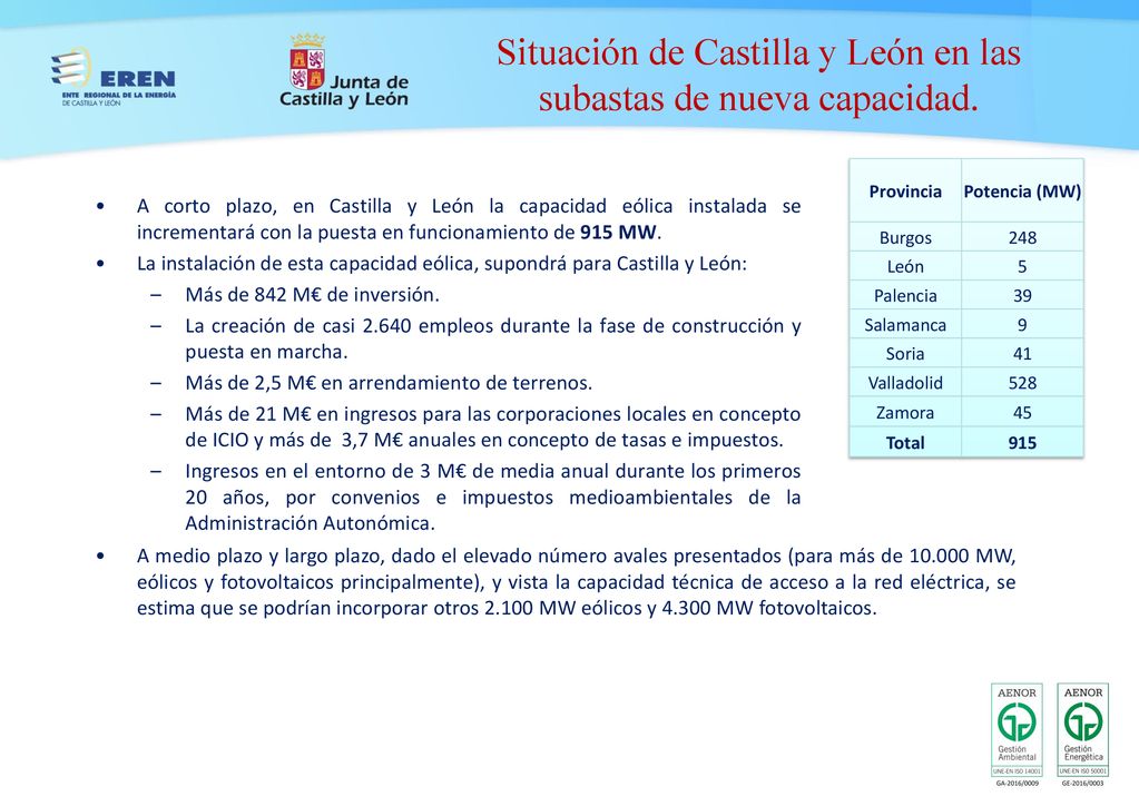 Situación de Castilla y León en las subastas de nueva capacidad.