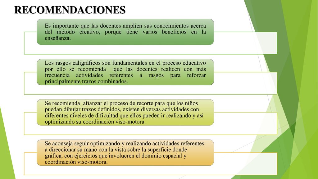 RECOMENDACIONES Es importante que las docentes amplíen sus conocimientos acerca del método creativo, porque tiene varios beneficios en la enseñanza.