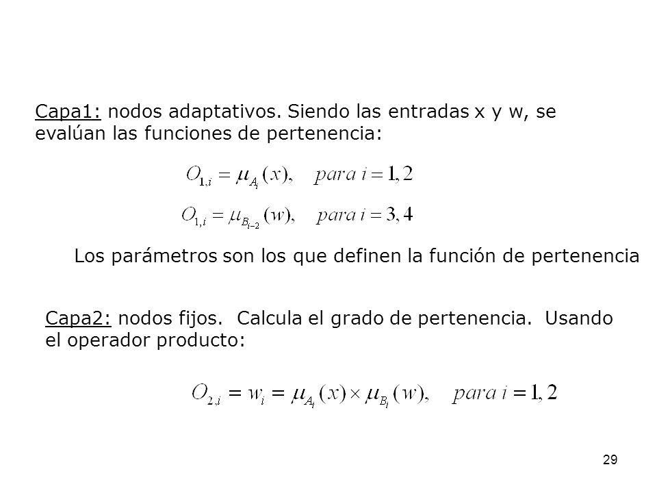Capa1: nodos adaptativos. Siendo las entradas x y w, se