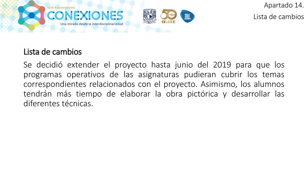 Apartado 14. Lista de cambios.