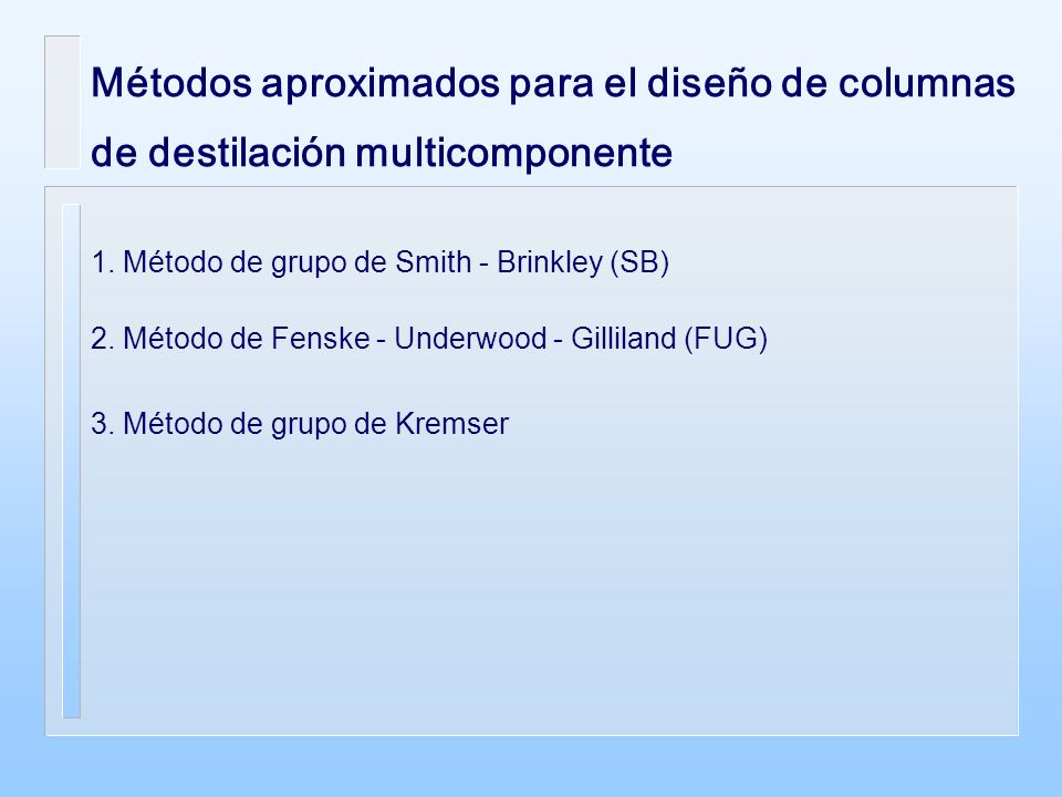 Métodos aproximados para el diseño de columnas de destilación multicomponente