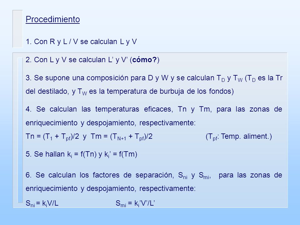Procedimiento 1. Con R y L / V se calculan L y V