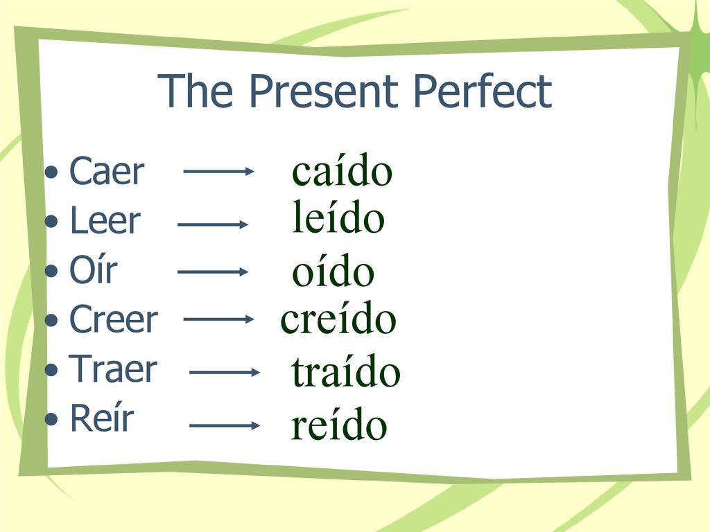 caído leído oído creído traído reído The Present Perfect Caer Leer Oír