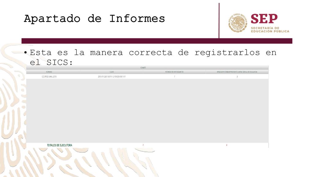 Apartado de Informes Esta es la manera correcta de registrarlos en el SICS: