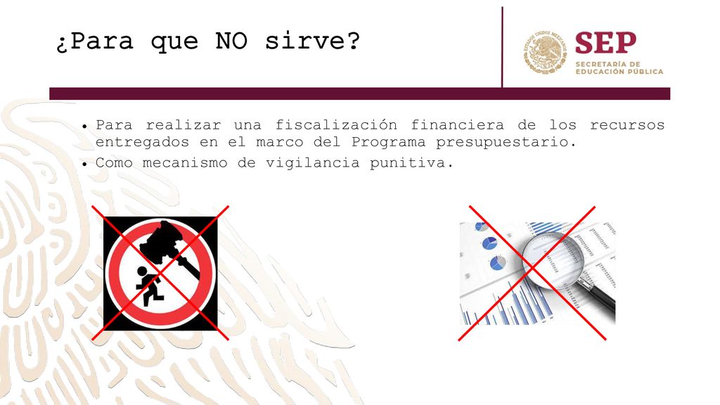 ¿Para que NO sirve Para realizar una fiscalización financiera de los recursos entregados en el marco del Programa presupuestario.