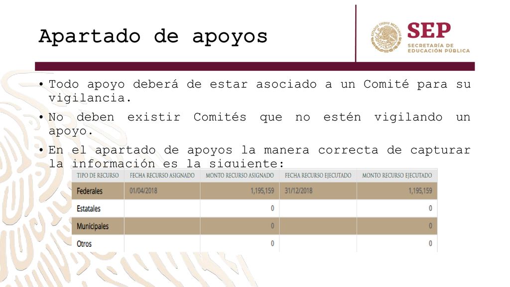 Apartado de apoyos Todo apoyo deberá de estar asociado a un Comité para su vigilancia. No deben existir Comités que no estén vigilando un apoyo.