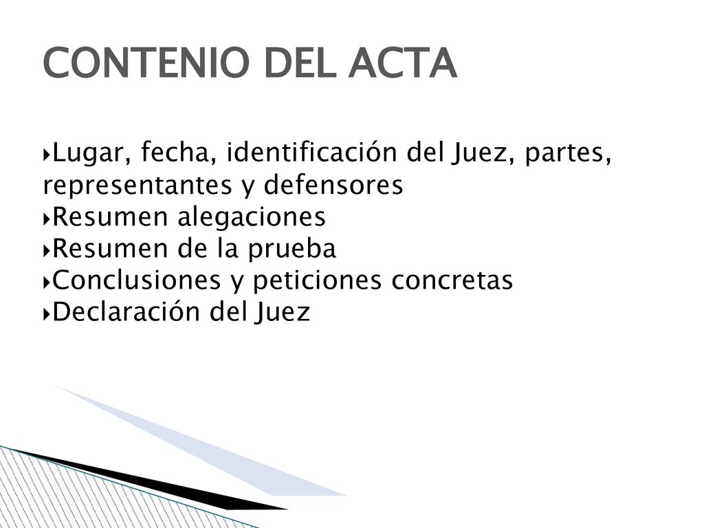 CONTENIO DEL ACTA Lugar, fecha, identificación del Juez, partes, representantes y defensores. Resumen alegaciones.