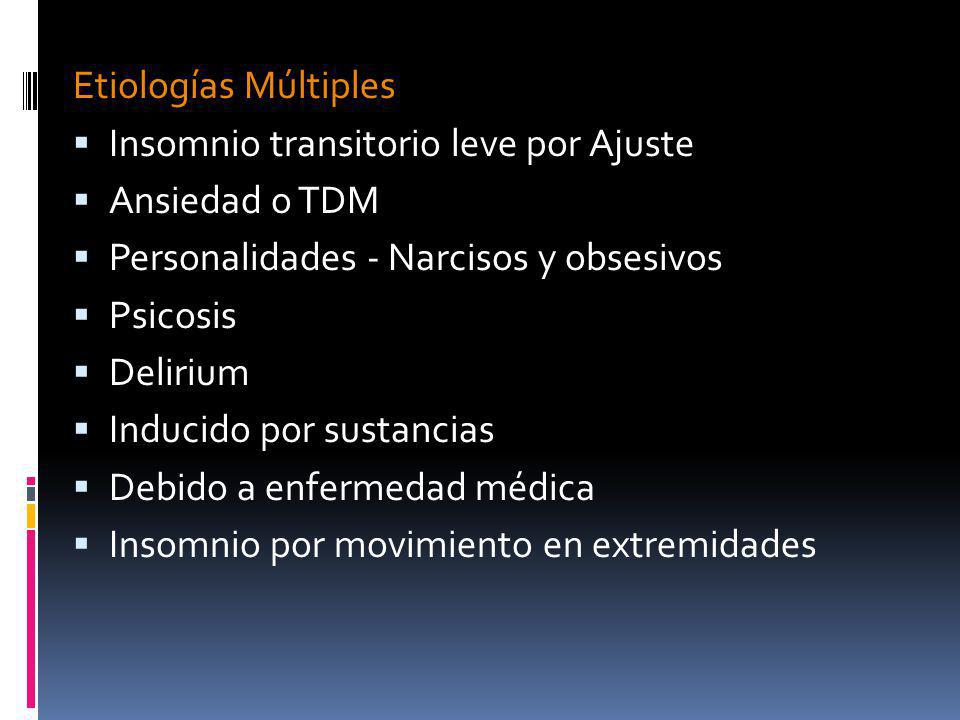 Etiologías Múltiples Insomnio transitorio leve por Ajuste. Ansiedad o TDM. Personalidades - Narcisos y obsesivos.