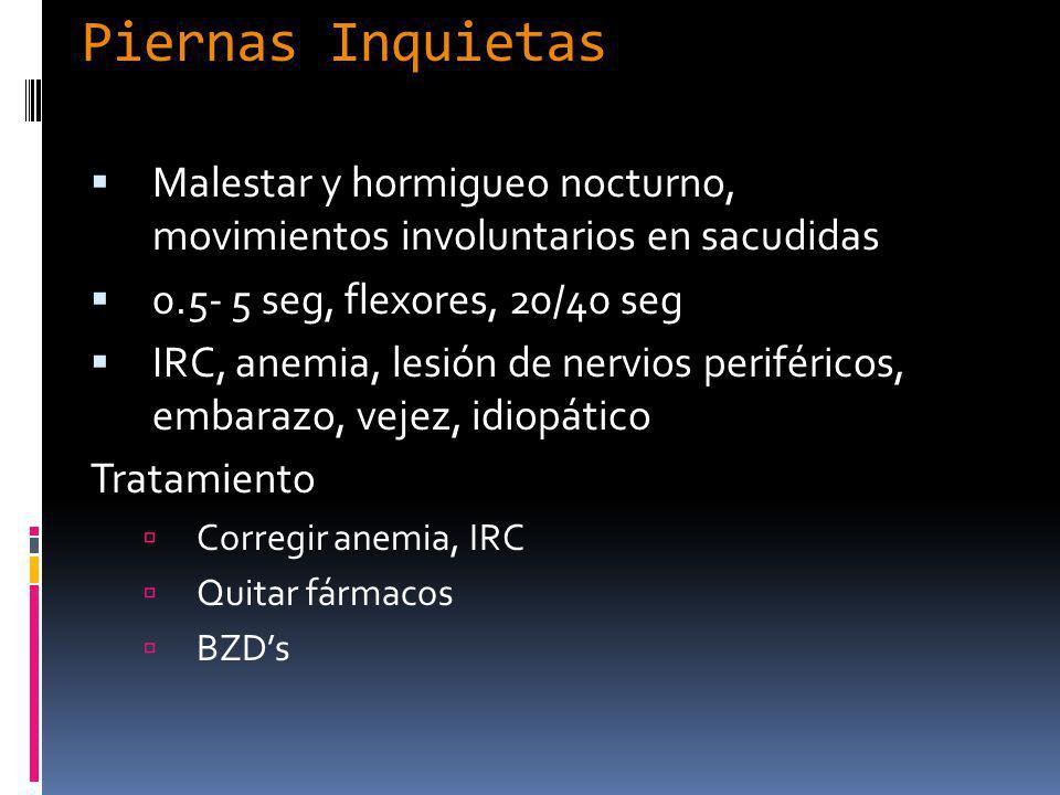 Piernas Inquietas Malestar y hormigueo nocturno, movimientos involuntarios en sacudidas seg, flexores, 20/40 seg.