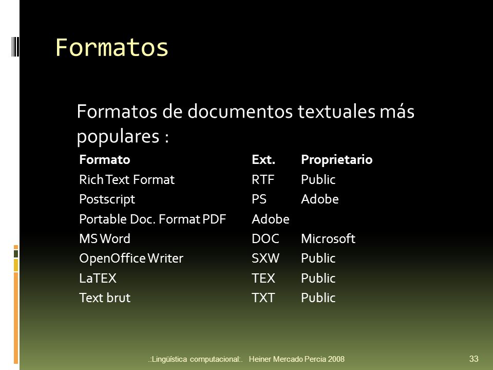 Formatos Formatos de documentos textuales más populares :