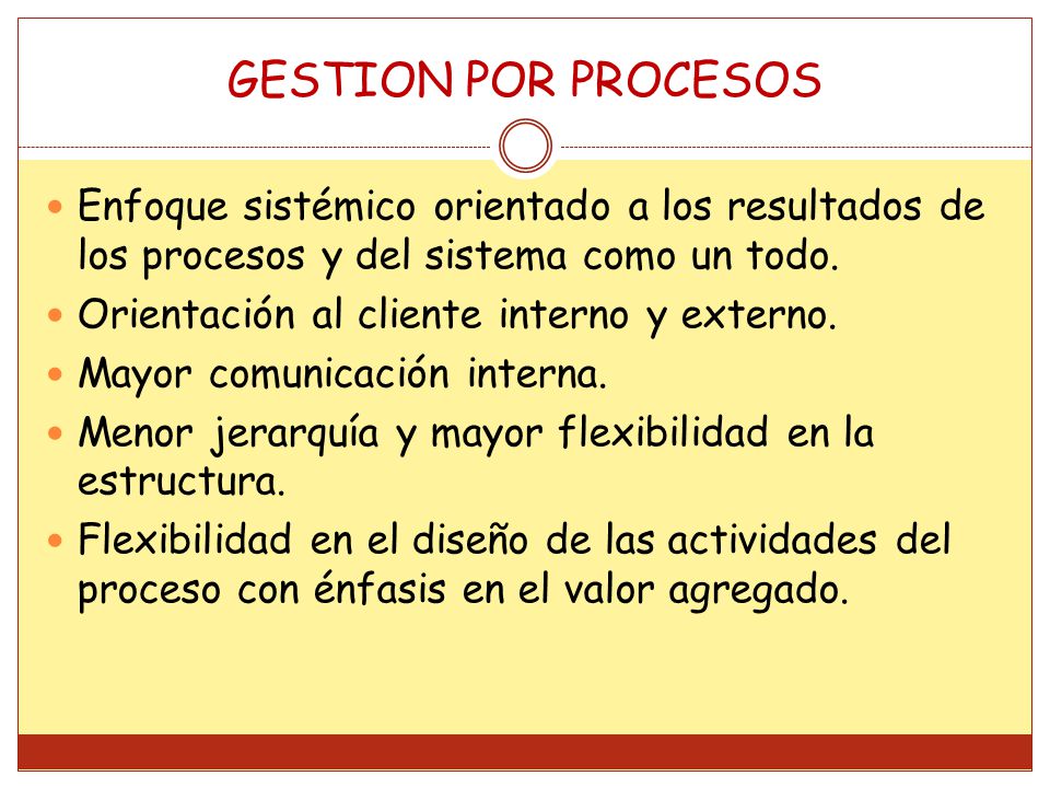 GESTION POR PROCESOS Enfoque sistémico orientado a los resultados de los procesos y del sistema como un todo.