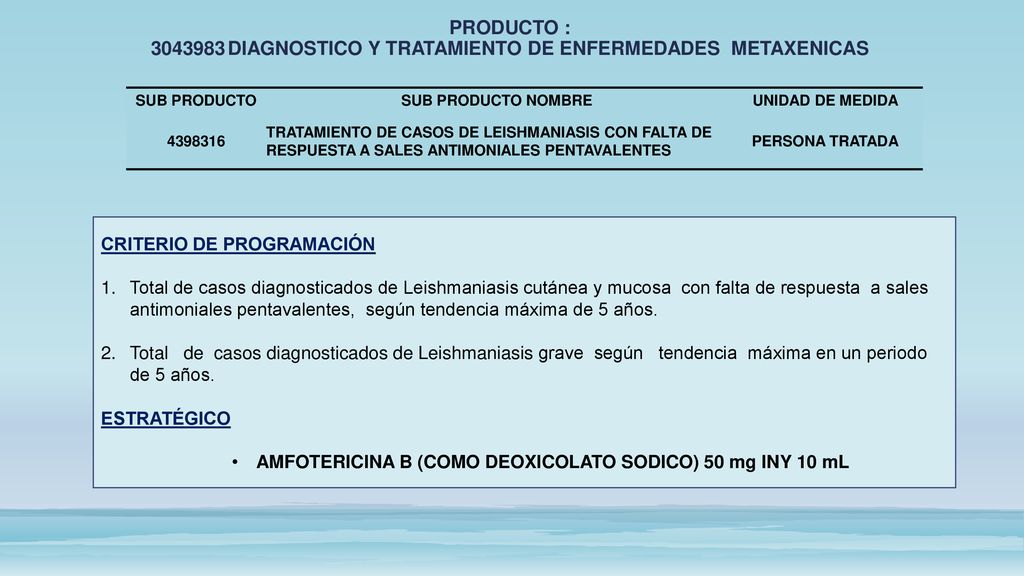 PRODUCTO : DIAGNOSTICO Y TRATAMIENTO DE ENFERMEDADES METAXENICAS