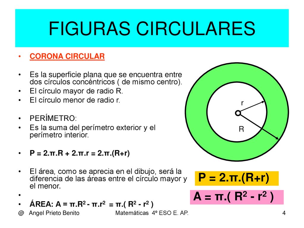 FIGURAS CIRCULARES P = 2.π.(R+r) A = π.( R2 - r2 ) CORONA CIRCULAR