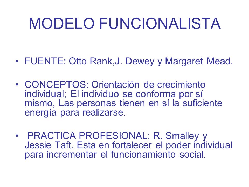 MODELO FUNCIONALISTA FUENTE: Otto Rank,J. Dewey y Margaret Mead.