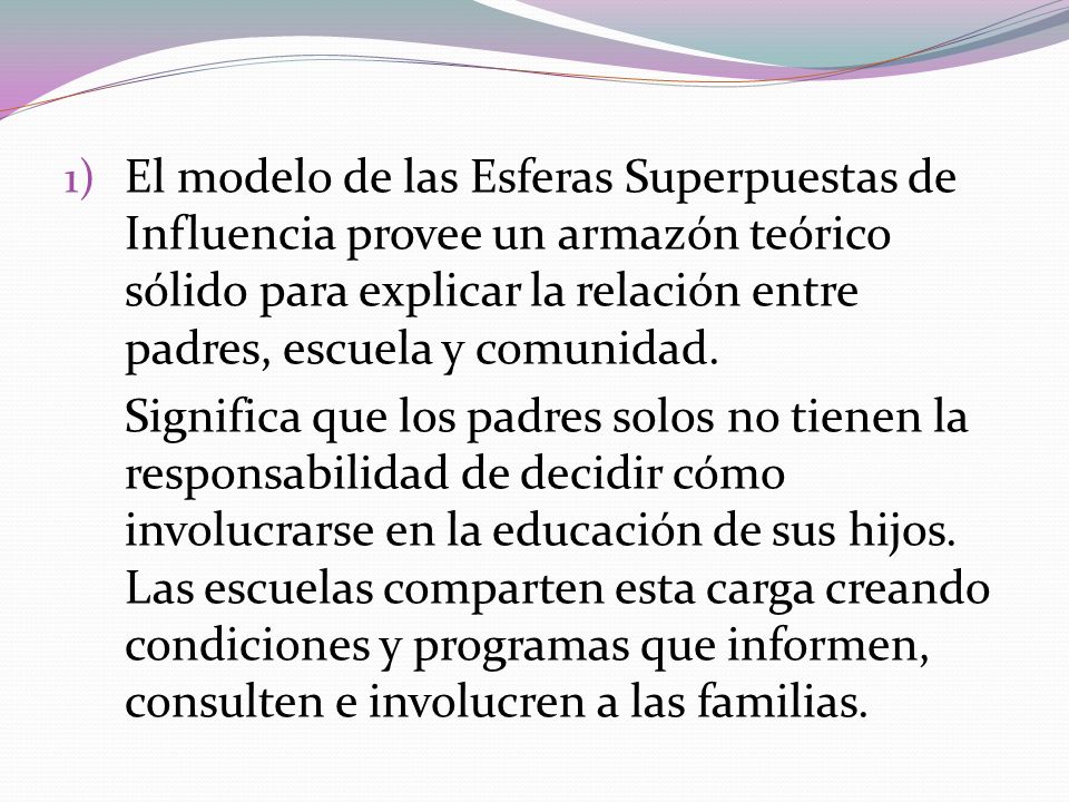 El modelo de las Esferas Superpuestas de Influencia provee un armazón teórico sólido para explicar la relación entre padres, escuela y comunidad.