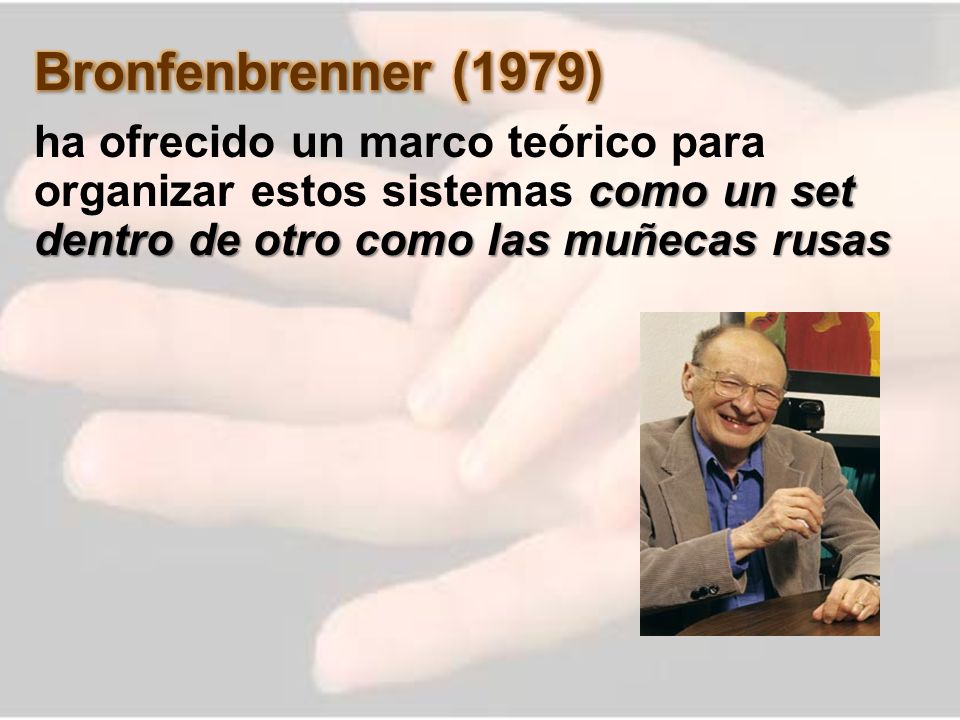 Bronfenbrenner (1979) ha ofrecido un marco teórico para organizar estos sistemas como un set dentro de otro como las muñecas rusas.