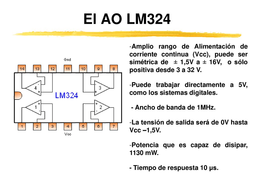 El AO LM324 Amplio rango de Alimentación de corriente continua (Vcc), puede ser simétrica de ± 1,5V a ± 16V, o sólo positiva desde 3 a 32 V.