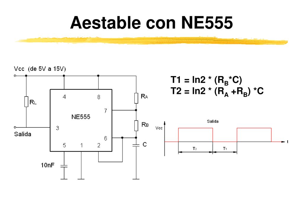 Aestable con NE555 T1 = ln2 * (RB*C) T2 = ln2 * (RA +RB) *C