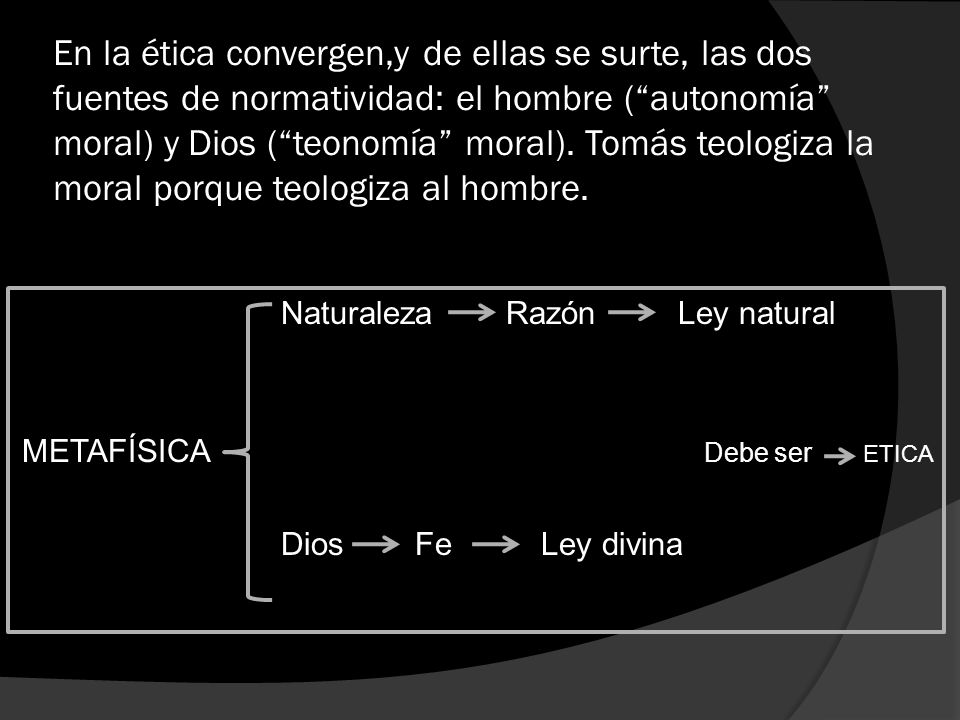 En la ética convergen,y de ellas se surte, las dos fuentes de normatividad: el hombre ( autonomía moral) y Dios ( teonomía moral). Tomás teologiza la moral porque teologiza al hombre.