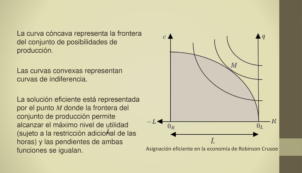 La curva cóncava representa la frontera del conjunto de posibilidades de producción. Las curvas convexas representan curvas de indiferencia. La solución eficiente está representada por el punto M donde la frontera del conjunto de producción permite alcanzar el máximo nivel de utilidad (sujeto a la restricción adicional de las horas) y las pendientes de ambas funciones se igualan.