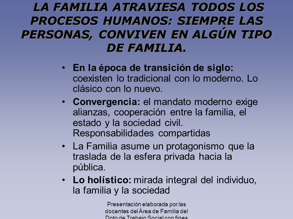 LA FAMILIA ATRAVIESA TODOS LOS PROCESOS HUMANOS: SIEMPRE LAS PERSONAS, CONVIVEN EN ALGÚN TIPO DE FAMILIA.