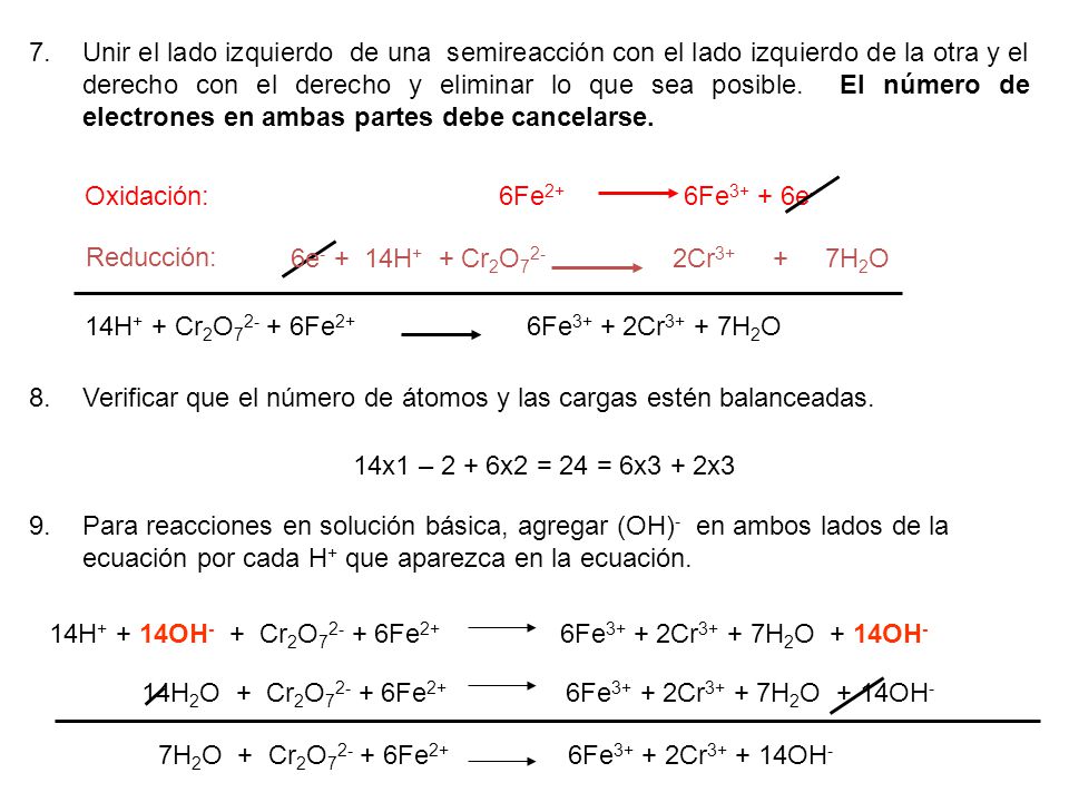 Unir el lado izquierdo de una semireacción con el lado izquierdo de la otra y el derecho con el derecho y eliminar lo que sea posible. El número de electrones en ambas partes debe cancelarse.