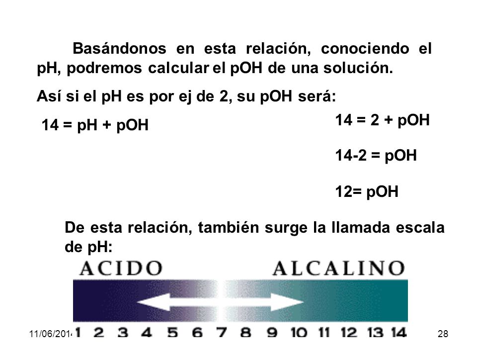 Así si el pH es por ej de 2, su pOH será: 14 = pH + pOH