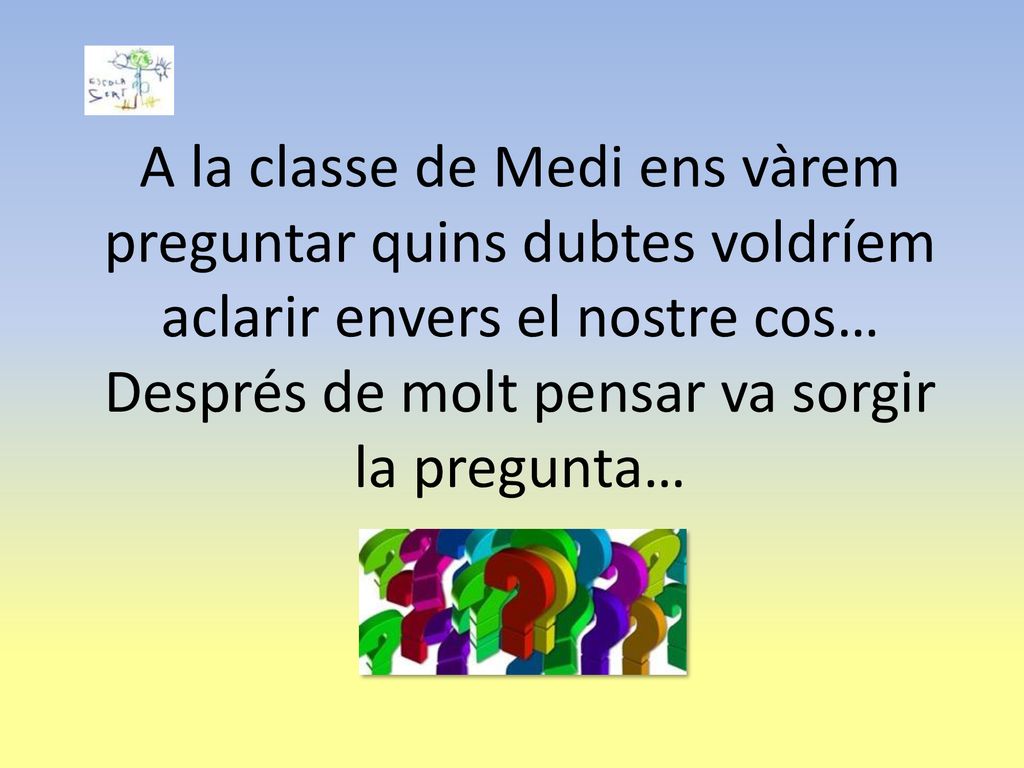 A la classe de Medi ens vàrem preguntar quins dubtes voldríem aclarir envers el nostre cos… Després de molt pensar va sorgir la pregunta…
