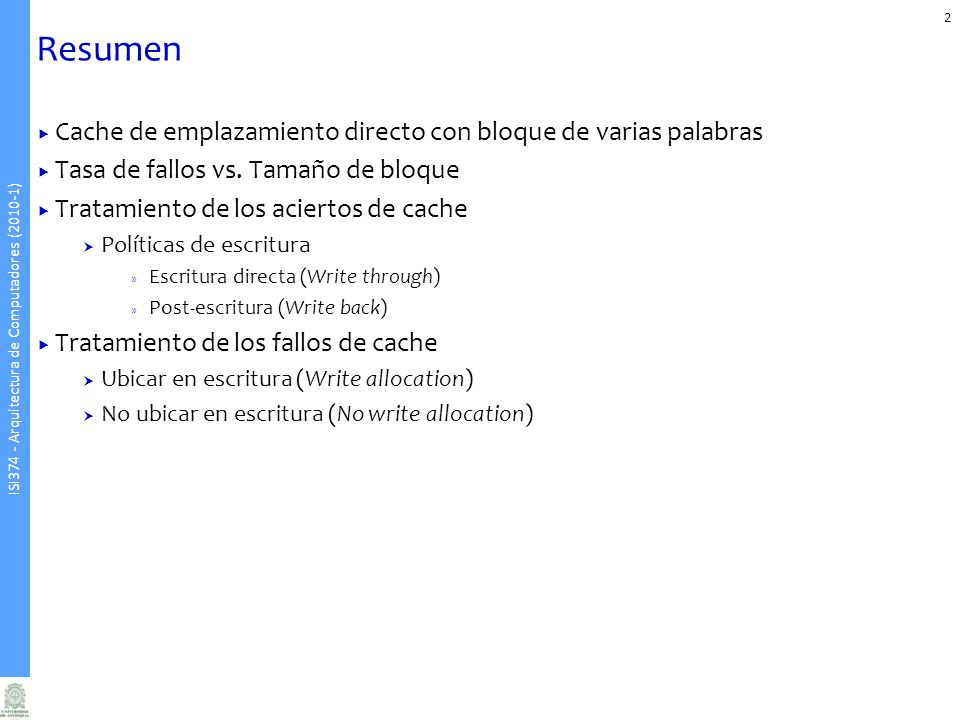 Resumen Cache de emplazamiento directo con bloque de varias palabras