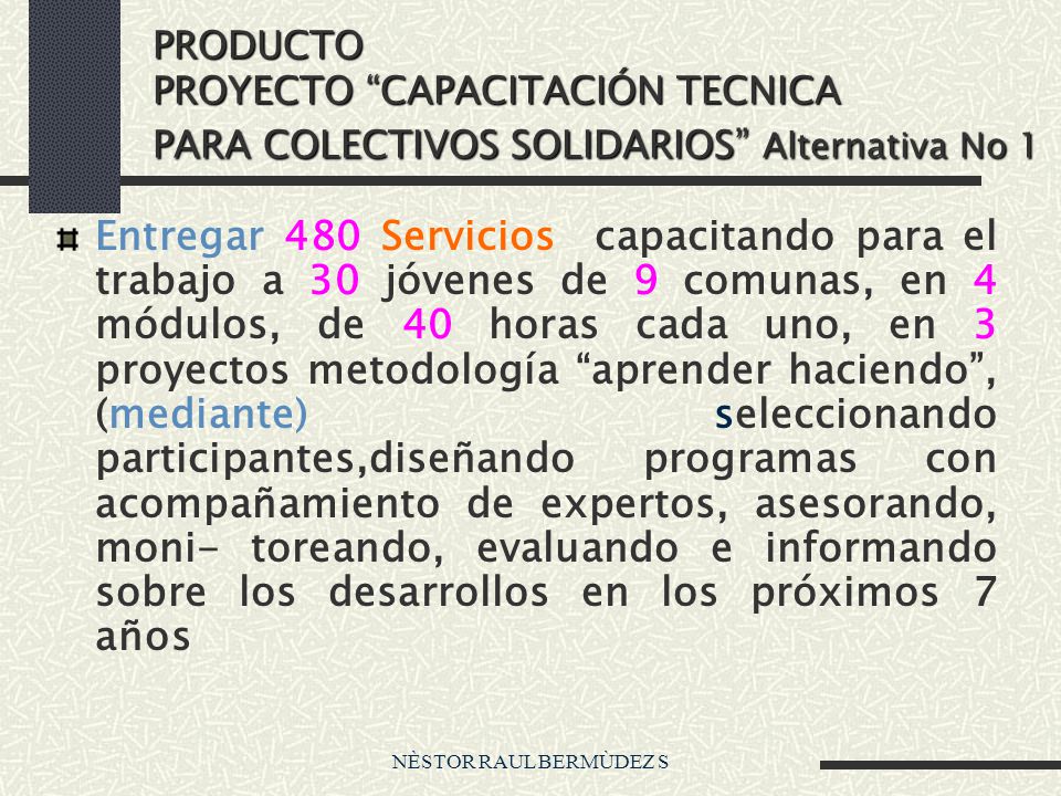 PRODUCTO PROYECTO CAPACITACIÓN TECNICA PARA COLECTIVOS SOLIDARIOS Alternativa No 1