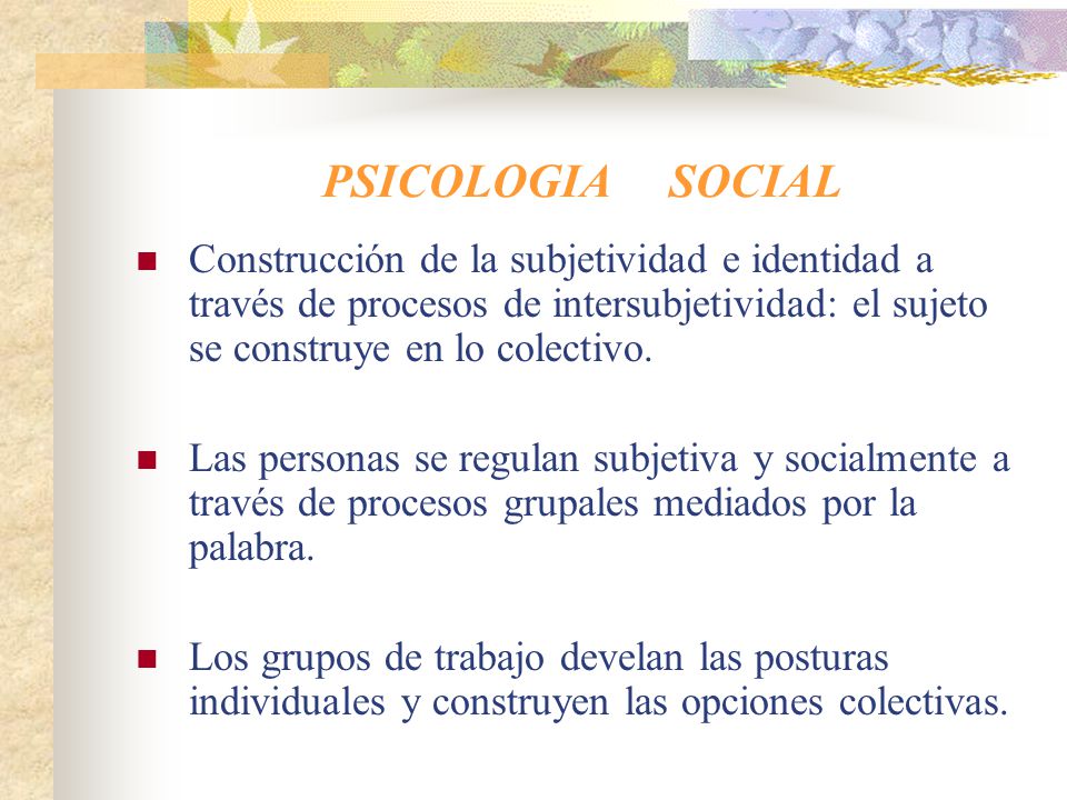 PSICOLOGIA SOCIAL Construcción de la subjetividad e identidad a través de procesos de intersubjetividad: el sujeto se construye en lo colectivo.