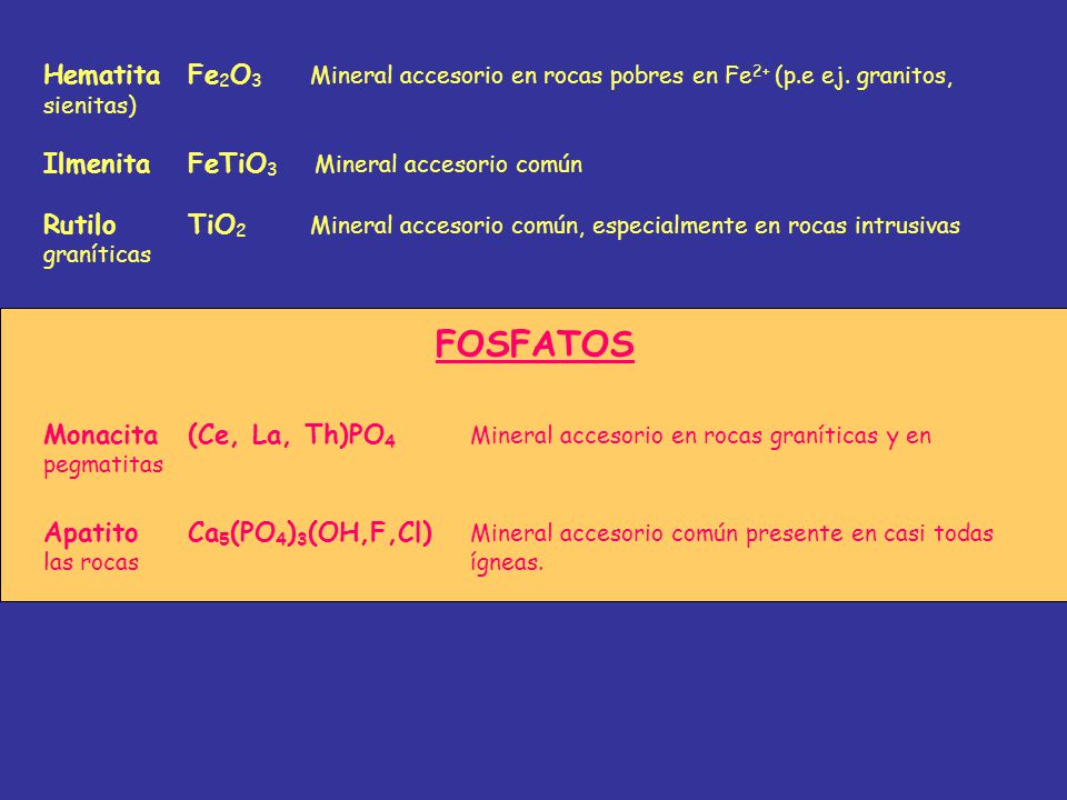 Hematita. Fe2O3. Mineral accesorio en rocas pobres en Fe2+ (p. e ej