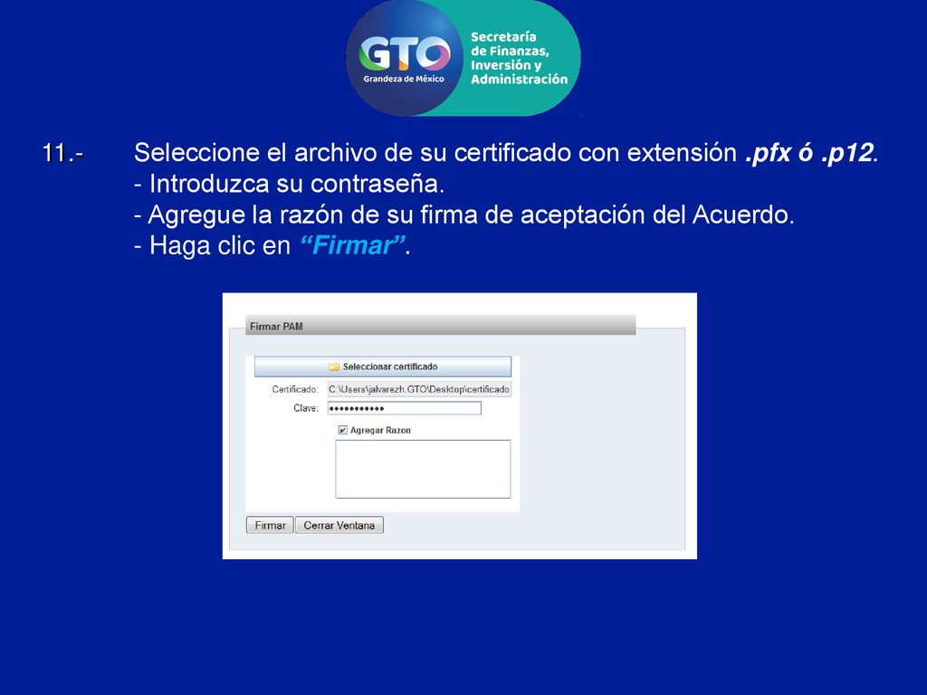 Seleccione el archivo de su certificado con extensión. pfx ó