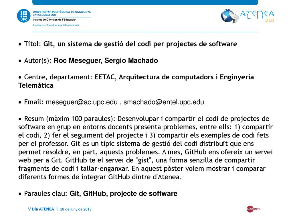 Títol: Git, un sistema de gestió del codi per projectes de software