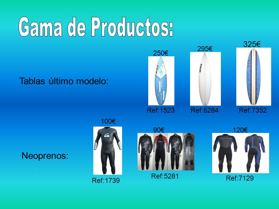 Gama de Productos: Tablas último modelo: Neoprenos: 325€ 295€ 250€