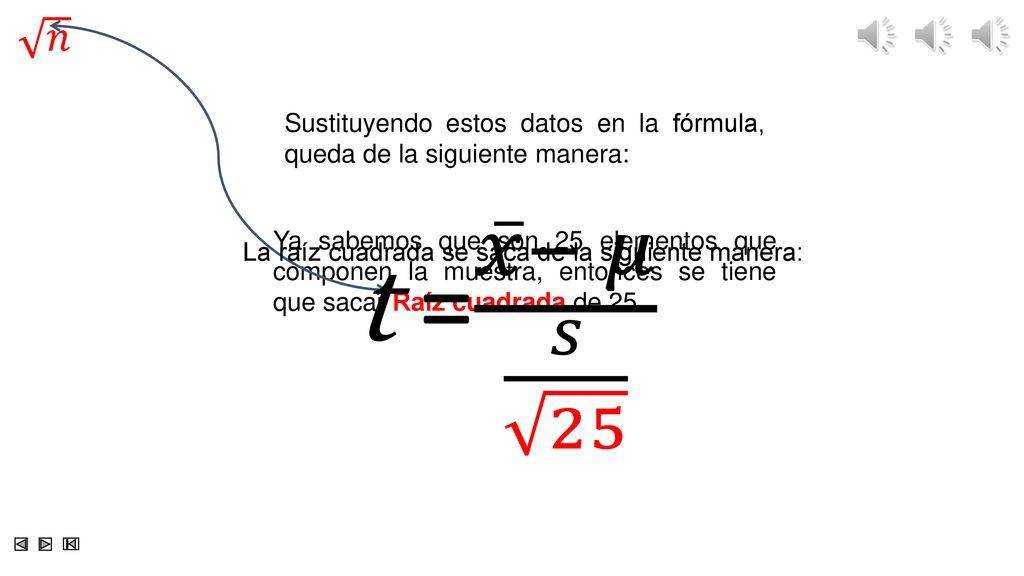 𝑛 Sustituyendo estos datos en la fórmula, queda de la siguiente manera: t = 𝑥 − 𝜇 𝑠 25.
